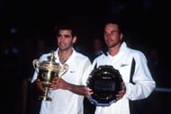 Pete Sampras and Pat Ragter with the winner and runner-up trophies at the 2001 Wimbledon Championships. (Source: Getty)